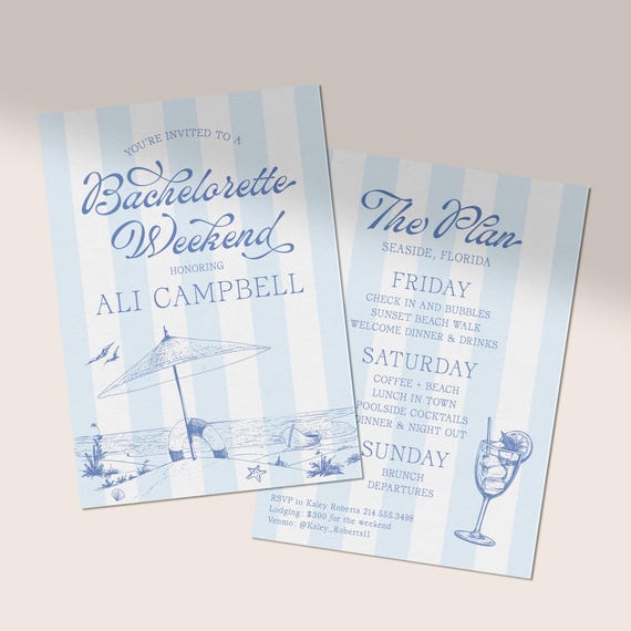 Beach Bachelorette Weekend Itinerary | Coastal Bach Invitation | Seaside Girls Trip | Striped Bach | Blue