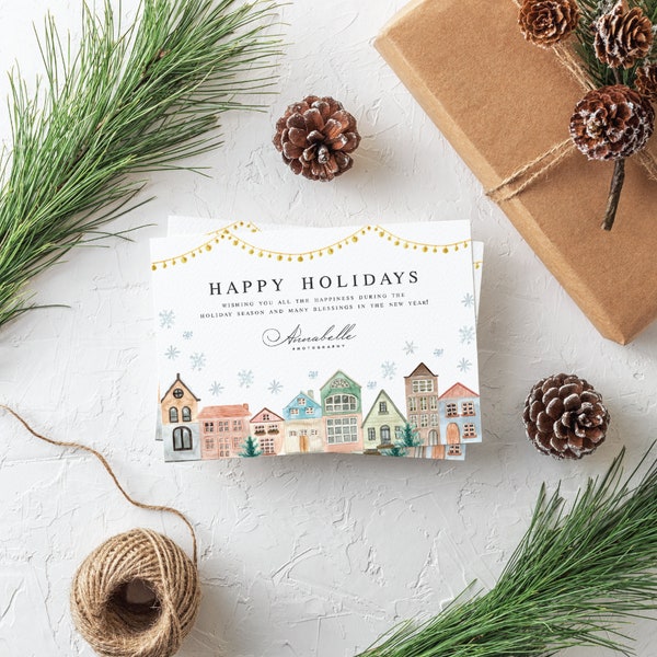 Corporate Christmas Card | Corporate Holiday Card | Non Photo Christmas Card | Winter Town | Christmas Village | Watercolor | Happy Holidays