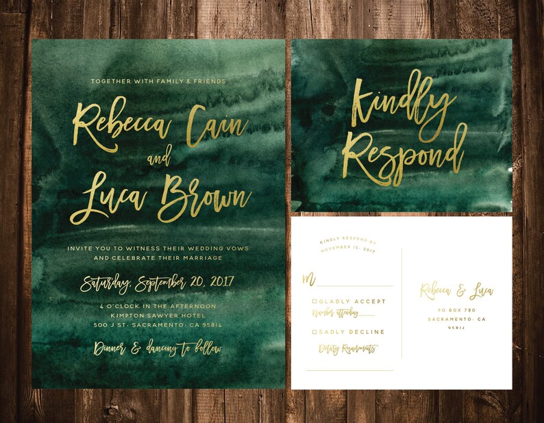 Emerald Watercolor Wedding Invitations Green Watercolor Etsy