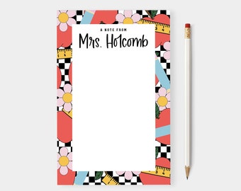 Teacher Notepad, Back to School, Retro Teacher Notepad, Smiley Face, Checkered, Lightning, Personalized