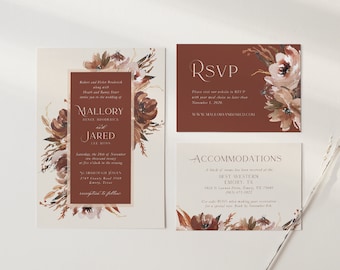 Rust Floral Wedding Invitations | Fall Bohemian Wedding Invitations | Printable Wedding Template | Cinnamon | Pompous | Boho Wedding Invite