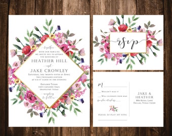 Bright Floral Wedding Invitations; Watercolor; Wildflower; Printable OR set of 25