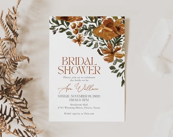 Fall Bridal Shower Invitation, Watercolor Floral, Rust, Boho, Fall in Love, Autumn Bridal Shower