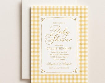 Classic Baby Shower Invitation, Yellow Gingham, Plaid, Timeless, Baby Sprinkle