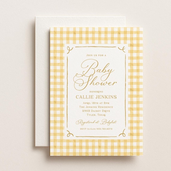 Classic Baby Shower Invitation, Yellow Gingham, Plaid, Timeless, Baby Sprinkle