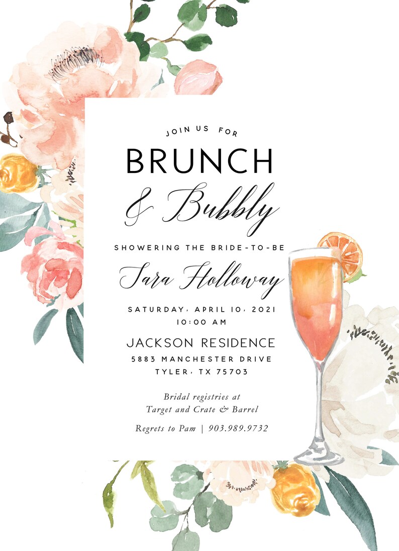 Bridal Shower Brunch Invitation Brunch and Bubbly Floral Bridal Invitation Citrus Watercolor Bridal Shower Invitation Mimosa image 2