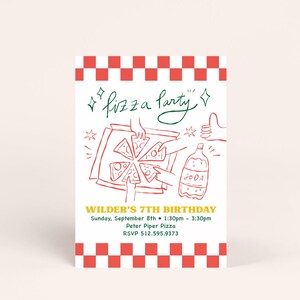 Pizza Party Invitation, Retro Pizza Birthday Invitation, Buffalo Check