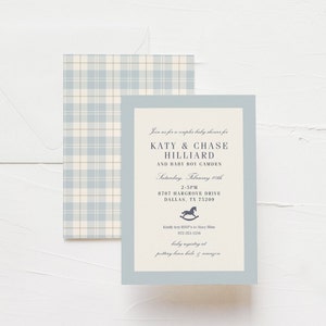 Classic Baby Shower Invitation, Baby Blue Plaid, Rocking Horse, Timeless, Baby Sprinkle image 2