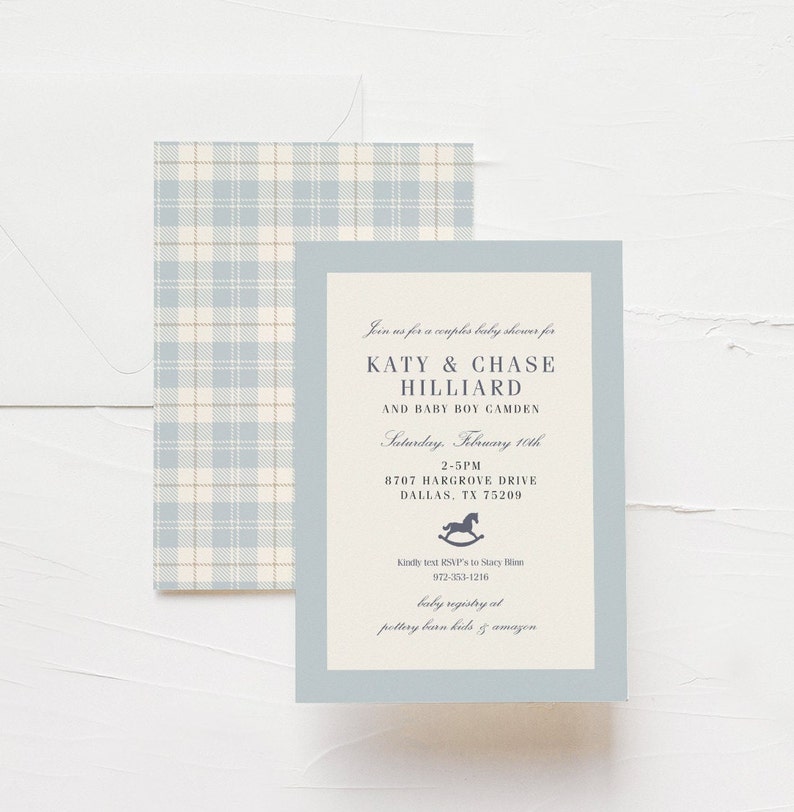 Classic Baby Shower Invitation, Baby Blue Plaid, Rocking Horse, Timeless, Baby Sprinkle imagem 2