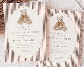 Teddy Bear Baby Shower Invitation, Watercolor Gingham Stripes, Neutral Tones