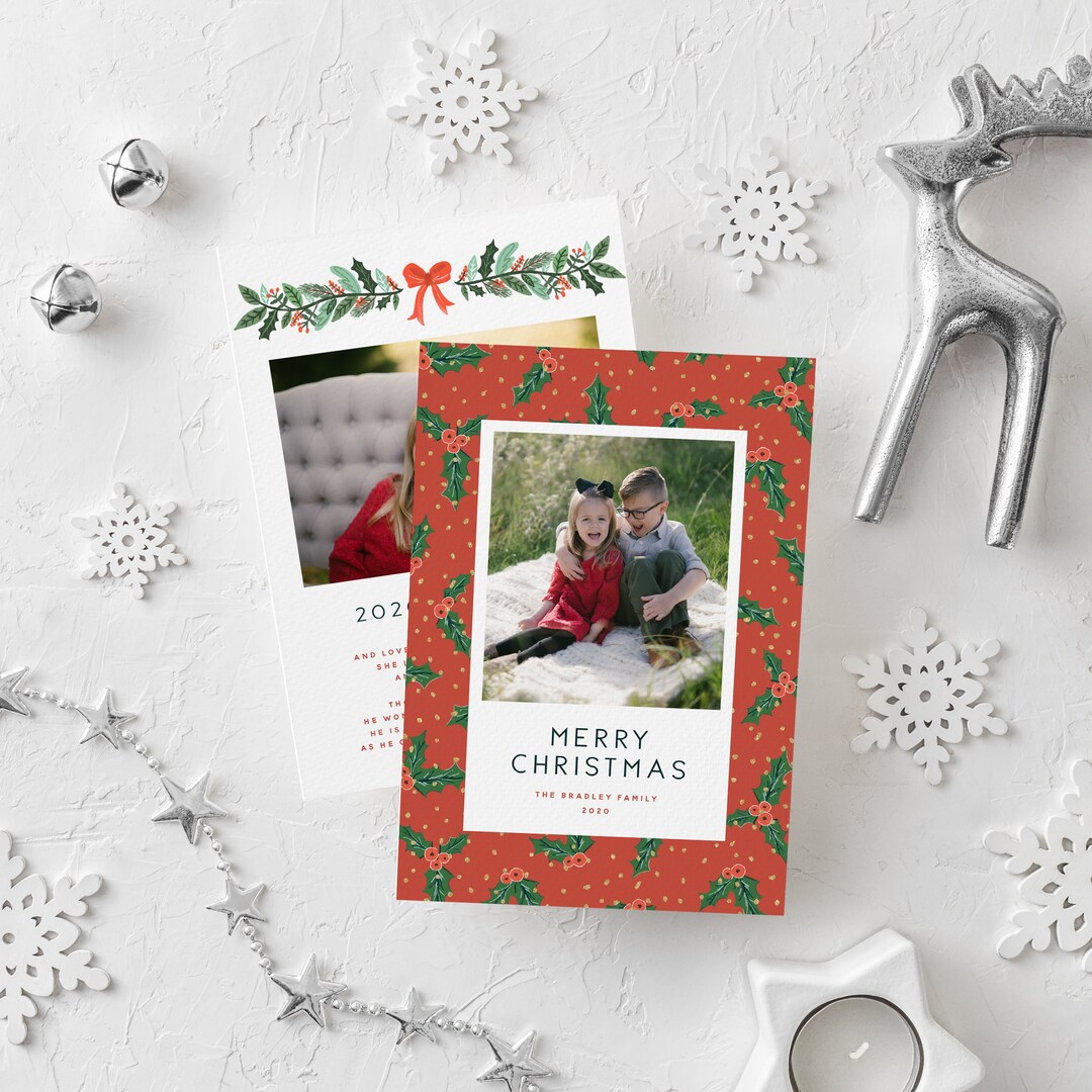 Photo Christmas Card Holly Holiday Card Red Holly Etsy