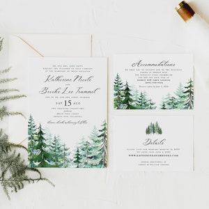 Rustic Wedding Invitation Set | Watercolor Trees Wedding Invitations | Printable Wedding Template | Lodge Wedding Invitation Set | Pine Tree