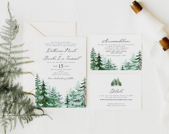 Rustic Wedding Invitation Set | Watercolor Trees Wedding Invitations | Printable Wedding Template | Lodge Wedding Invitation Set | Pine Tree