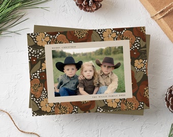 Multi Photo Christmas Card, Floral Holiday Card, Double Sided, Template, Printable