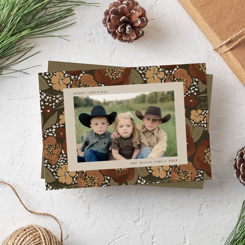 Multi Photo Christmas Card, Floral Holiday Card, Double Sided, Template, Printable image 1
