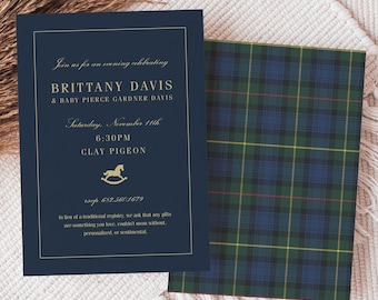 Classic Baby Shower Invitation, Navy Plaid, Rocking Horse, Timeless, Baby Sprinkle