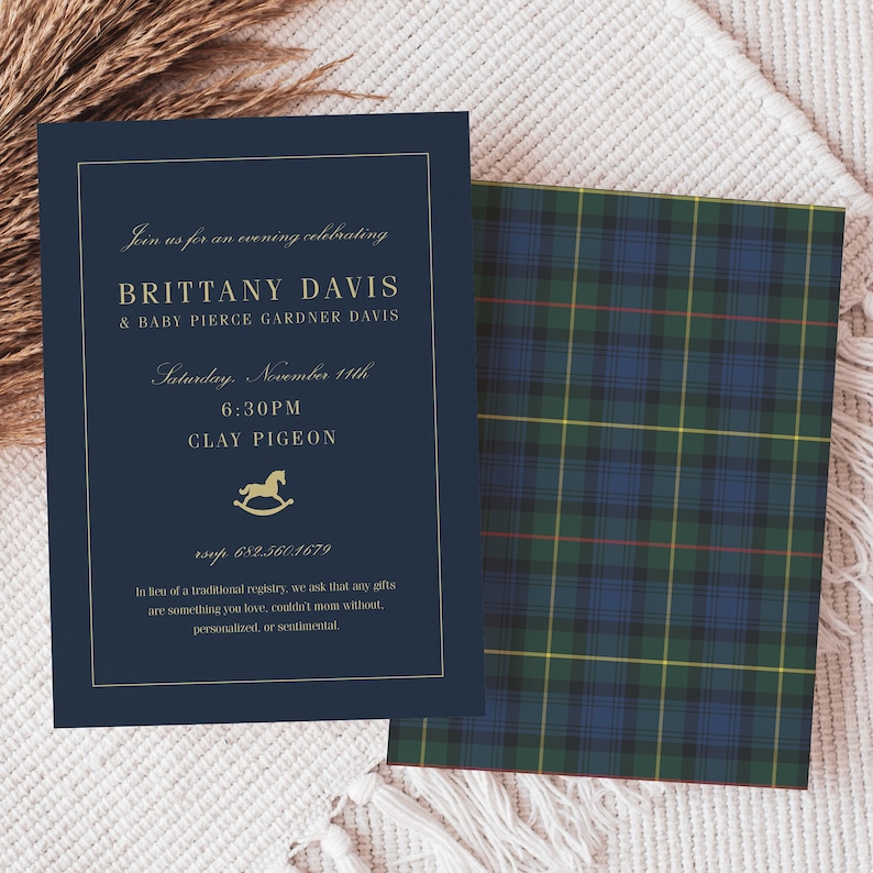 May include: Navy blue baby shower invitation with gold text and a rocking horse graphic. The invitation includes the names Brittany Davis & Baby Pierce Gardner Davis, event details, and a request for sentimental gifts.