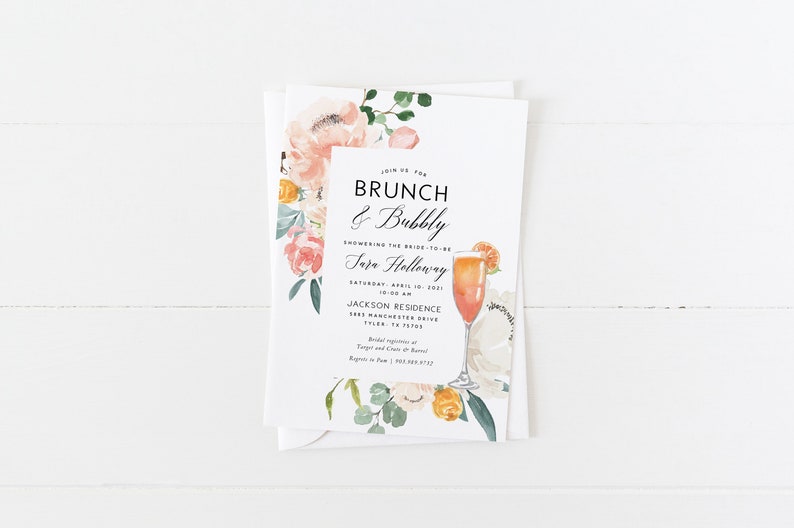 Bridal Shower Brunch Invitation Brunch and Bubbly Floral Bridal Invitation Citrus Watercolor Bridal Shower Invitation Mimosa image 1