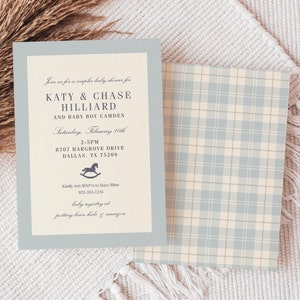 Classic Baby Shower Invitation, Baby Blue Plaid, Rocking Horse, Timeless, Baby Sprinkle image 1