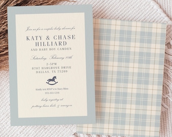 Classic Baby Shower Invitation, Baby Blue Plaid, Rocking Horse, Timeless, Baby Sprinkle