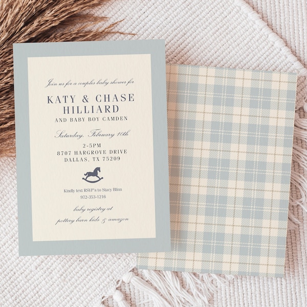 Classic Baby Shower Invitation, Baby Blue Plaid, Rocking Horse, Timeless, Baby Sprinkle
