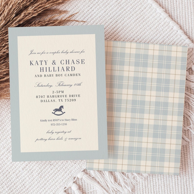 Classic Baby Shower Invitation, Baby Blue Plaid, Rocking Horse, Timeless, Baby Sprinkle imagem 1