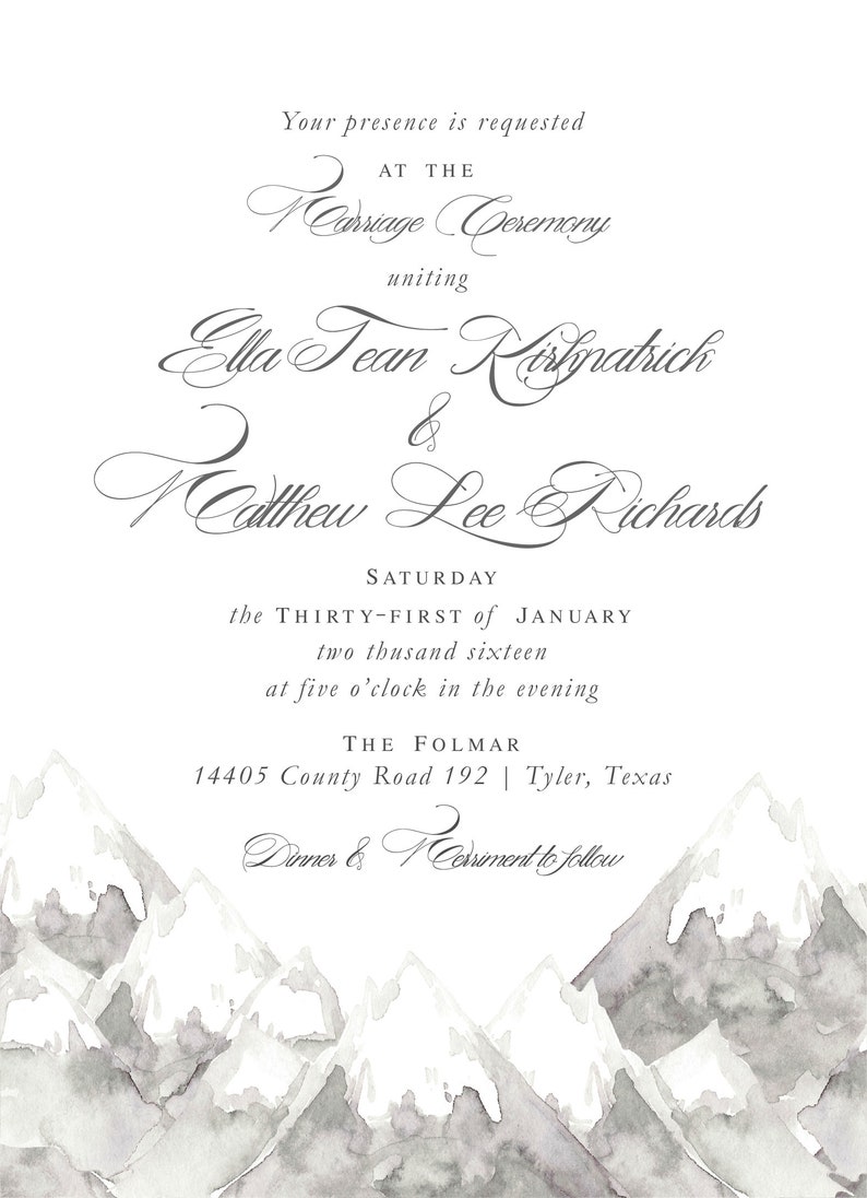 Mountain Wedding Invitations Winter Wedding Invitations Gray and White Wedding Invitations Watercolor Mountains Wedding Template image 2