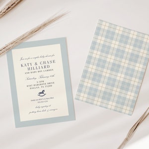 Classic Baby Shower Invitation, Baby Blue Plaid, Rocking Horse, Timeless, Baby Sprinkle image 3