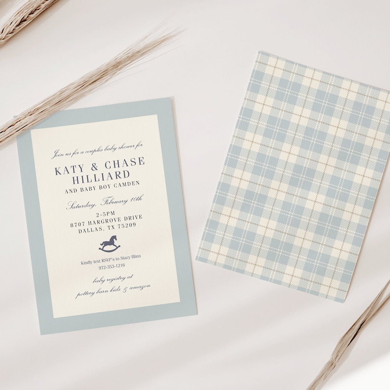 Classic Baby Shower Invitation, Baby Blue Plaid, Rocking Horse, Timeless, Baby Sprinkle imagem 3