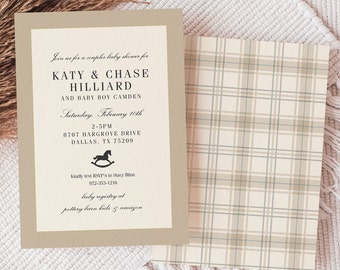 Classic Baby Shower Invitation, Beige Plaid, Neutral, Rocking Horse, Timeless, Baby Sprinkle