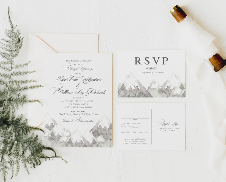 Mountain Wedding Invitations Winter Wedding Invitations Gray and White Wedding Invitations Watercolor Mountains Wedding Template image 1