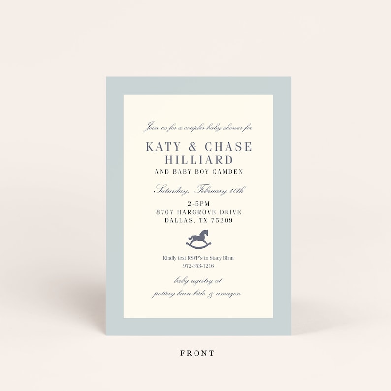 Classic Baby Shower Invitation, Baby Blue Plaid, Rocking Horse, Timeless, Baby Sprinkle image 4