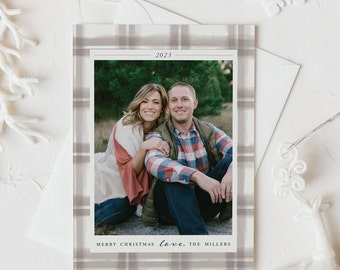 Photo Christmas Card, Neutral Plaid Holiday Card, Taupe, Beige, Template