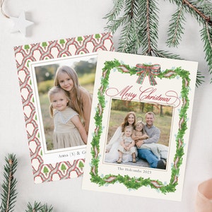 Photo Christmas Card, Watercolor Holiday Card, Double-Sided, Multi Photo, Template image 1