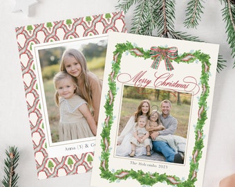 Photo Christmas Card, Watercolor Holiday Card, Double-Sided, Multi Photo, Template