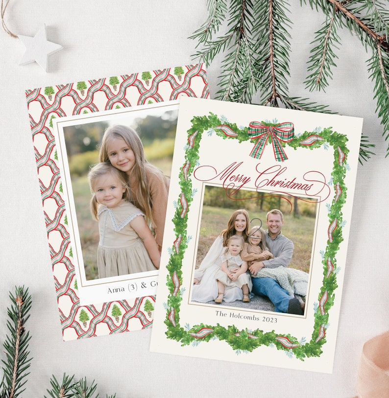 Photo Christmas Card, Watercolor Holiday Card, Double-Sided, Multi Photo, Template image 1