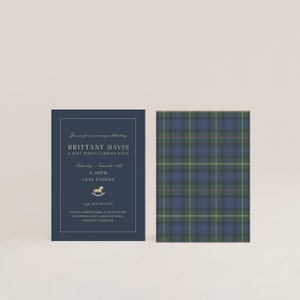 May include: Navy blue invitation card with gold text and a rocking horse graphic. The text reads "Brittany Davis & Baby Pierce Gardner Davis" and event details. The reverse side features a green, blue, and yellow plaid pattern.