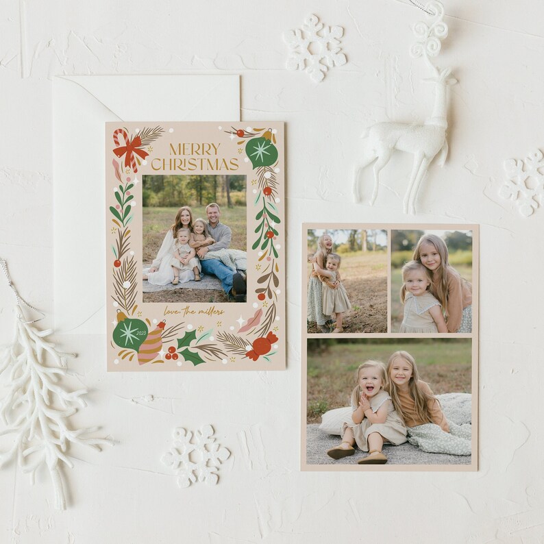 Multi Photo Holiday Card, Christmas Card Template, Ornaments image 3