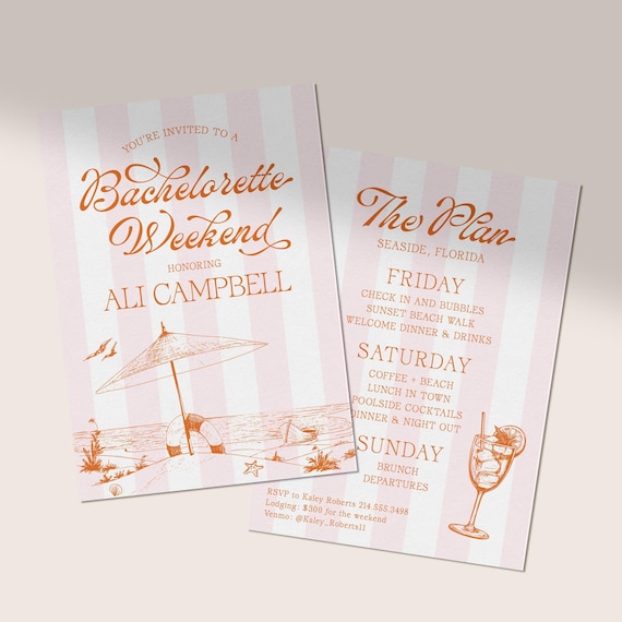 Beach Bachelorette Weekend Itinerary | Coastal Bach Invitation | Seaside Girls Trip | Striped Bach | Pink