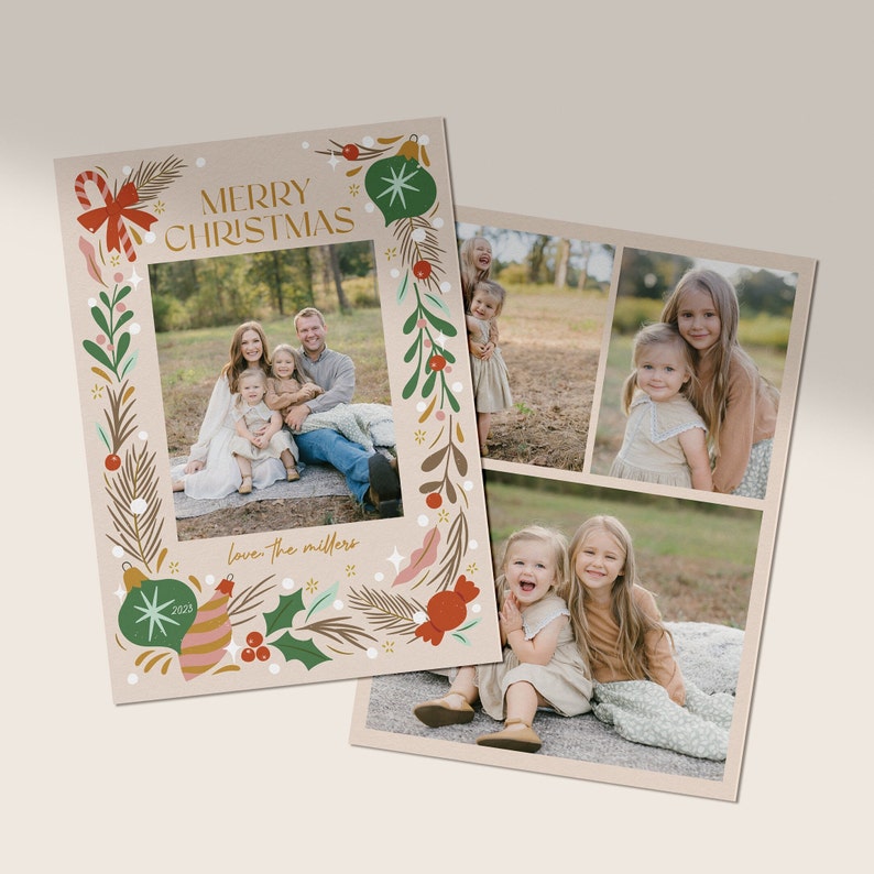 Multi Photo Holiday Card, Christmas Card Template, Ornaments image 2