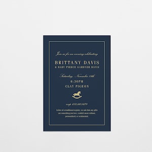 May include: Navy blue baby shower invitation with gold text and a rocking horse graphic. The invitation includes the names Brittany Davis and Baby Pierce Gardner Davis, the date, time, and RSVP information.
