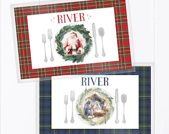 Christmas Placemat, Laminated Placemat, NonToxic, Personalized, Custom Placemat, Santa, Christian, Jesus, Tartan, Kids Placemat