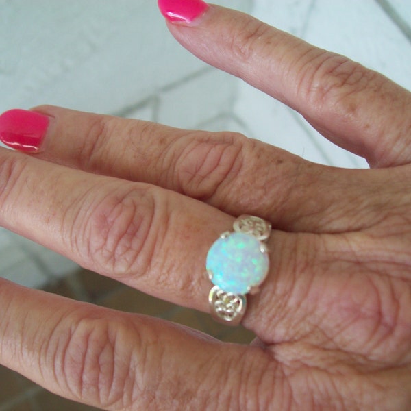 Opal Ring Sterling Silver - 10mm round filigree rose design - Size 7 - other sizes custom