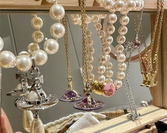 Saturn Necklace丨Pearl Saturn Necklace丨Silver Enamel Pearl Necklace丨Women Necklace丨Jewelry Accessories丨Gifts for Girlfriend