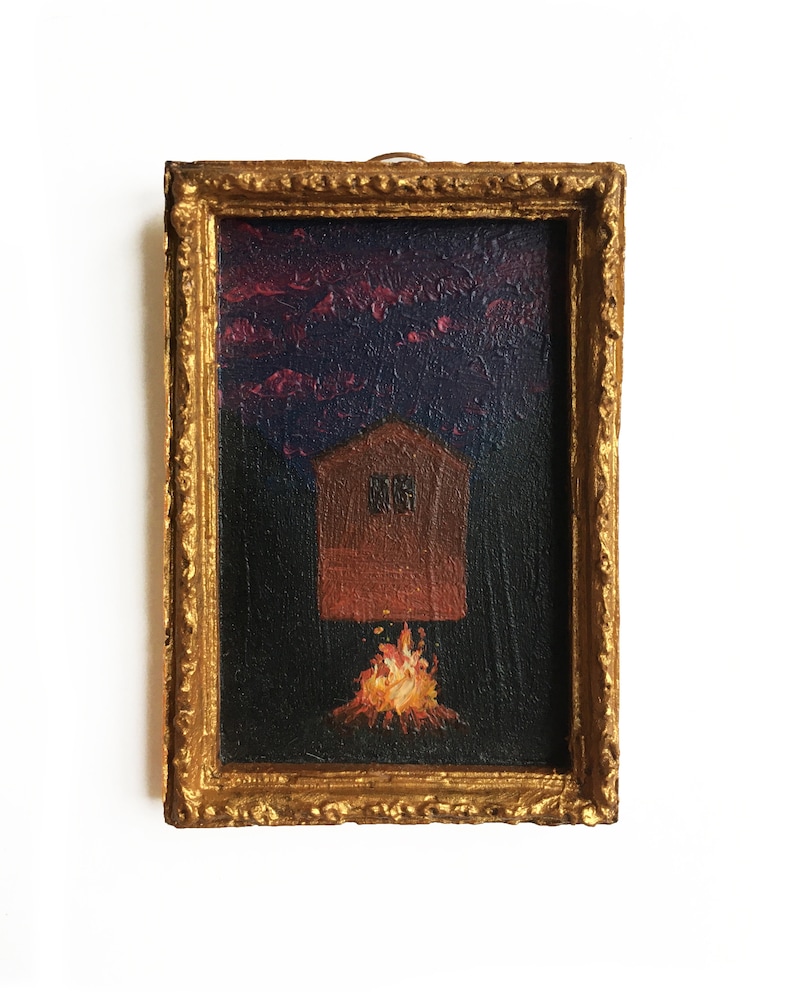 Tree Original painting Miniature Oil Painting bonefire at night in the woods Cabin