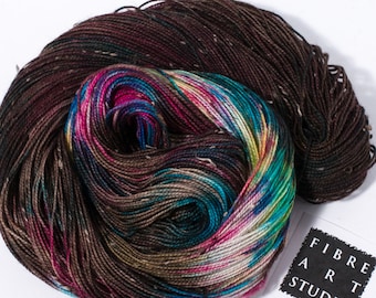 Donegal>> Fingering 100g 438 yd | Variegated Tweed Yarn in Brown + Rainbow Colors | Superwash Merino Wool  Nylon | Galaxy Tarantula Nebula