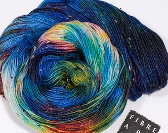 Hand Dyed Yarn | Fingering 100g 438 yd | Variegated Donegal Tweed Yarn in Blue + Rainbow Colors | Superwash Merino Wool Nylon | Blue Galaxy