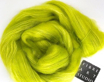 Brushed Kid Mohair Silk Yarn in Lace Weight in Yellow Green | 50 g 459 yds | Semi Solid Mohair Yarn | Tapestry Weaving Yarn | Glowworm