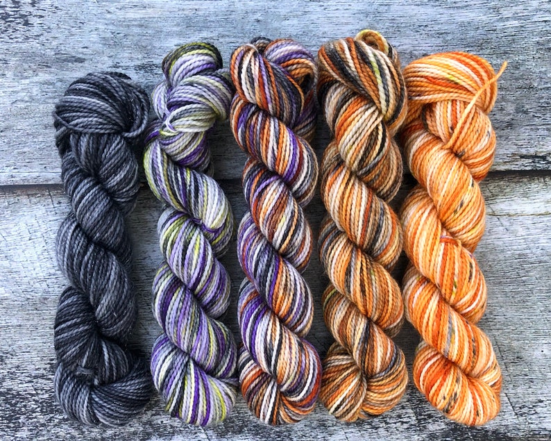 Halloween Yarn Mini Skein Set Five Skein Set Total 100 grams, 438 yards SW Merino Nylon Stellina Orange Black Purple Halloween DIY image 1