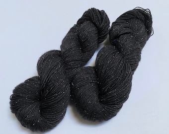 Hand Dyed Sparkle Yarn | Black Semi  Solid Yarn with Silver Glitter | SW Merino Nylon Stellina | Tonal Yarn | Black Cat